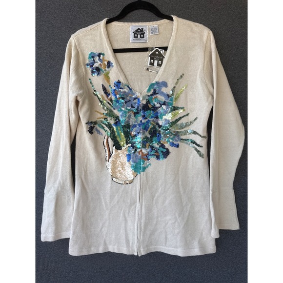 Storybook Knits Sweaters - Storybook Knits Floral Sequin Beaded Zip Front Cardigan Sweater Cream Small NWT